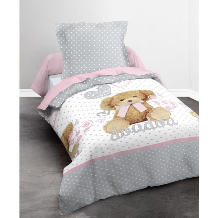 TODAY Parure de couette 100% coton Happy DOUDOU GIRL- 1 housse de couette 140x200 cm + 2 taies 63x63 cm rose, beige et gris