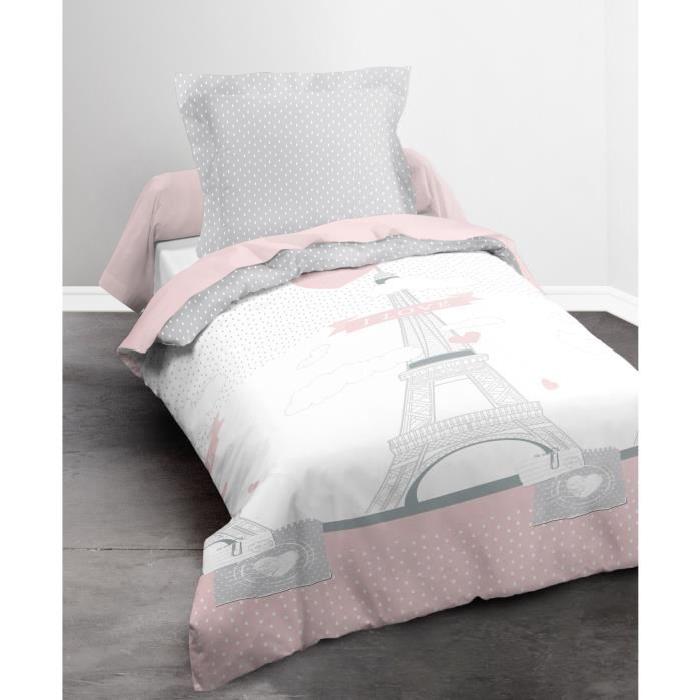 TODAY Parure de couette 100% coton Happy I LOVE PARIS - 1 housse de couette 140x200 cm + 1 taie 63x63 cm rose, blanc et gris