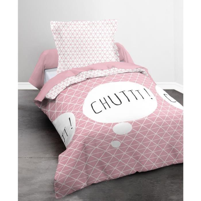 TODAY Parure de couette 100% coton Happy CHUUUT - 1 housse de couette 140x200 cm + 2 taies 63x63 cm rose et blanc