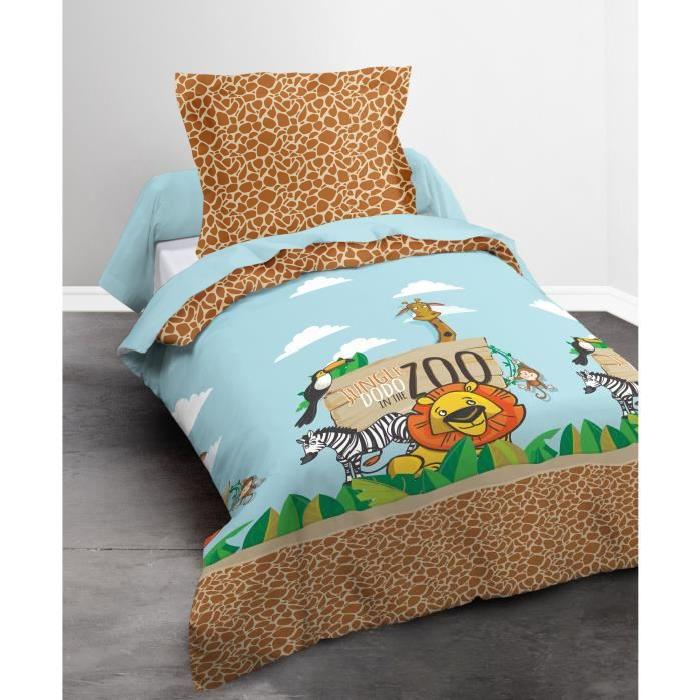 TODAY Parure de couette 100% coton Happy JUNGLE DODO - 1 housse de couette 140x200 cm + 2 taies 63x63 cm bleu et multi