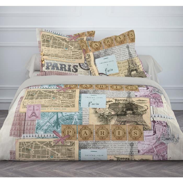 TODAY Parure de couette PARIS VINTAGE 100% coton - 1 housse de couette 220x240cm + 2 taies d'oreillers 63x63cm - Beige