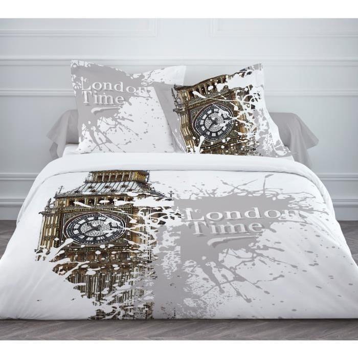 TODAY Parure de couette LONDON TIME 100% coton - 1 housse de couette 220x240 cm + 2 taies d'oreillers 63x63 cm - Blanc