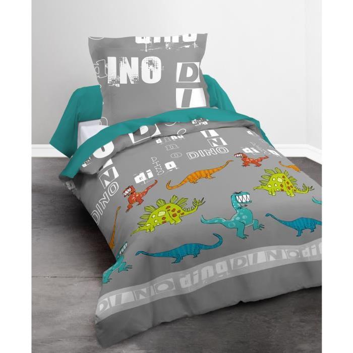 TODAY Parure de couette 100% coton Happy DINO - 1 housse de couette 140x200 cm + 1 taie 63x63 cm gris, blanc et bleu