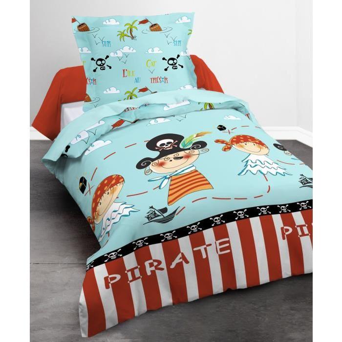 TODAY Parure de couette Happy Pirates 100% coton - 1 housse de couette 140x200 cm + 1 taie d'oreiller 63x63 cm bleu et rouge