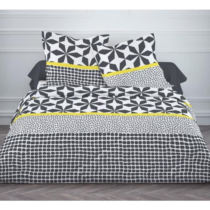 TODAY Parure de couette 100% coton MAWIRA KILEO - 1 housse de couette 220x240 cm + 2 taies 63x63 cm noir, jaune et blanc