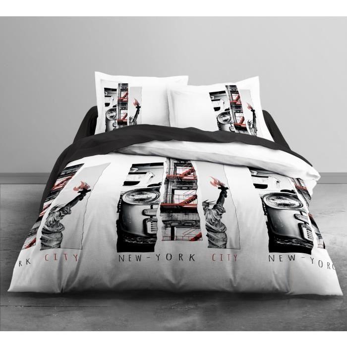 TODAY Parure de couette Enjoy Nyc Light 100% Coton - 1 housse de couette 220x240 cm + 2 taies 63x63 cm blanc et noir