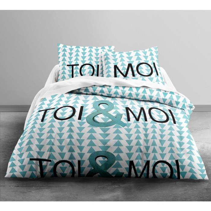 TODAY Parure de couette Enjoy Toi & Moi 100% Coton - 1 housse de couette 240x260 cm + 2 taies 63x63 cm blanc, turquoise et noir