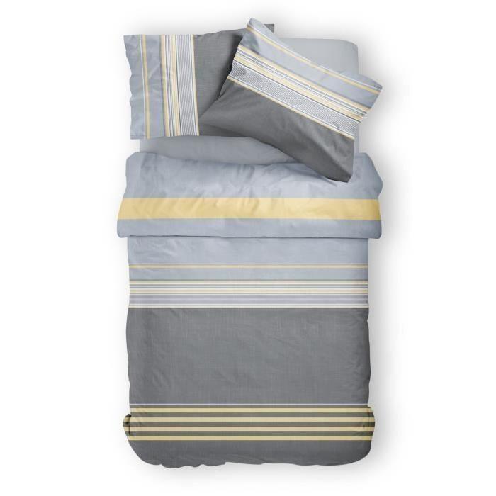 TODAY Pack SULLUST - 1 housse de couette 140x200 cm + 1 taie d'oreiller 63x63 cm + 1 drap housse 90x190 cm gris et bleu