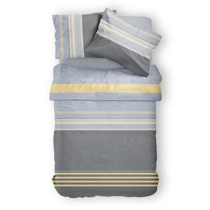 TODAY Pack SULLUST - 1 housse de couette 200x200 cm + 2 taies d'oreillers 63x63 cm + 1 drap housse 140x190 cm gris et bleu