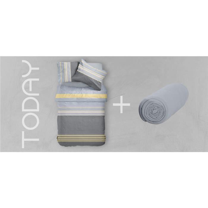 TODAY Pack SULLUST - 1 housse de couette 200x200 cm + 2 taies d'oreillers 63x63 cm + 1 drap housse 140x190 cm gris et bleu