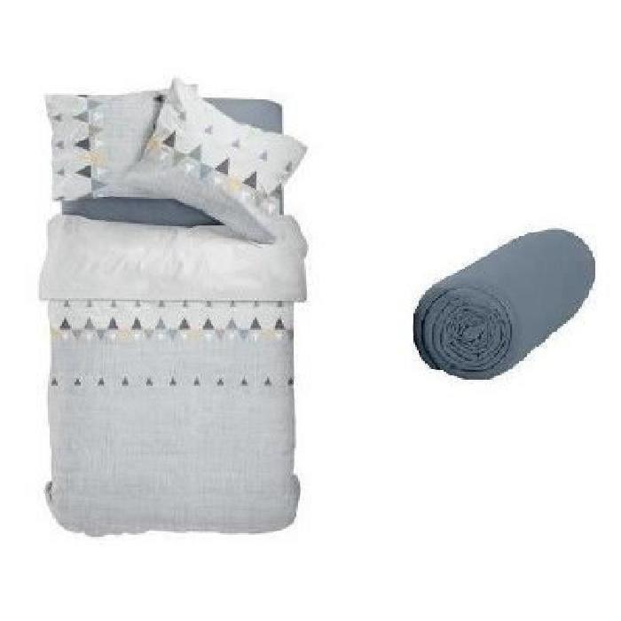 TODAY Pack HOTH - 1 housse de couette 200x200 cm + 2 taies d'oreillers 63x63 cm + 1 drap housse 140x190 cm gris et bleu