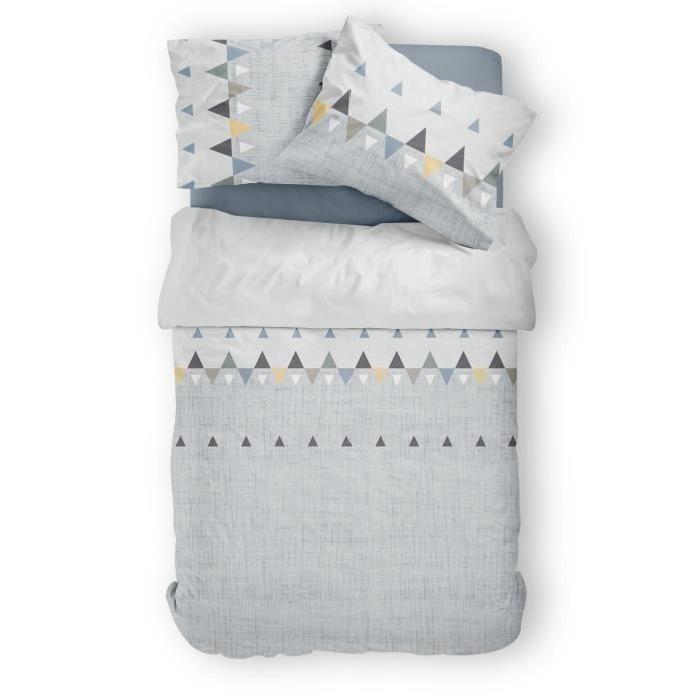 TODAY Pack HOTH - 1 housse de couette 200x200 cm + 2 taies d'oreillers 63x63 cm + 1 drap housse 140x190 cm gris et bleu