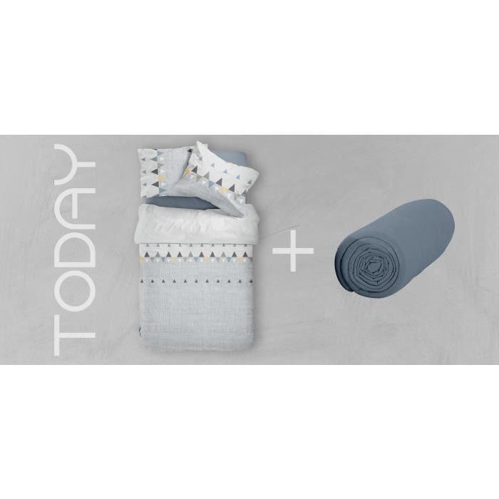 TODAY Pack HOTH - 1 housse de couette 200x200 cm + 2 taies d'oreillers 63x63 cm + 1 drap housse 140x190 cm gris et bleu