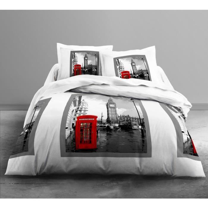 TODAY Parure de couette Only LONDON CAB - 1 housse de couette 220x240 cm + 2 taies d'oreillers 63x63 cm blanc et gris