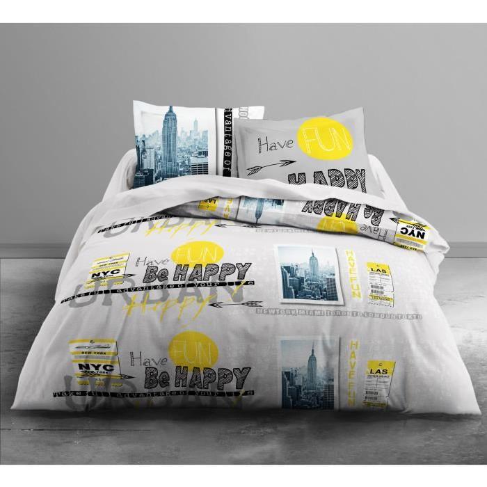 TODAY Parure de couette Only BE URBAN - 1 housse de couette 220x240 cm + 2 taies d'oreillers 63x63 cm blanc, gris et jaune