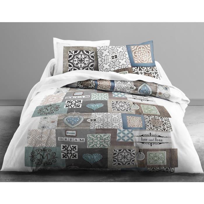 TODAY Parure de couette 100% coton MAWIRA SWEET HOME - 1 housse de couette 240x260 cm + 2 taies 63x63 cm blanc, bleu et gris