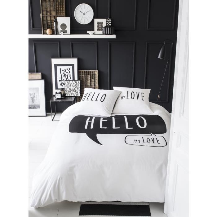 TODAY Parure de couette Hello 100% coton - 1 housse de couette 220x240 cm + 2 taies d'oreillers 63x63 cm blanc et noir