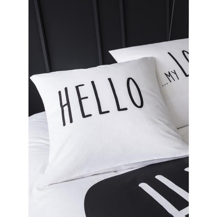 TODAY Parure de couette Hello 100% coton - 1 housse de couette 220x240 cm + 2 taies d'oreillers 63x63 cm blanc et noir