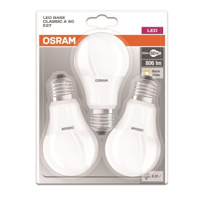 OSRAM Lot de 3 Ampoules LED E27 standard dépolie 9,5 W équivalent a 60 W blanc chaud