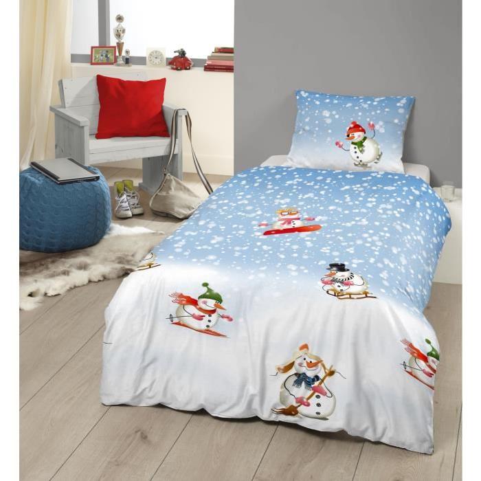 GOOD MORNING  Parure de couette Snowfall style scandinave - 1 housse de couette 140x200 cm + 1 taie 60x70 cm bleu, blanc et