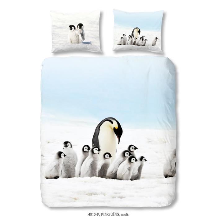 GOOD MORNING Parure de couette Pinguins 100% coton - 1 housse de couette 200x200 cm + 2 taies d'oreillers 60x70 cm blanc