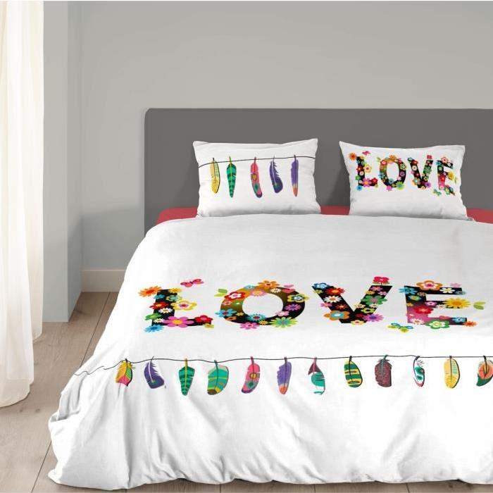 GOOD MORNING Parure de couette Flower love 100% coton - 1 housse de couette 140x200cm + 1 taie d'oreiller 60x70cm multicolore