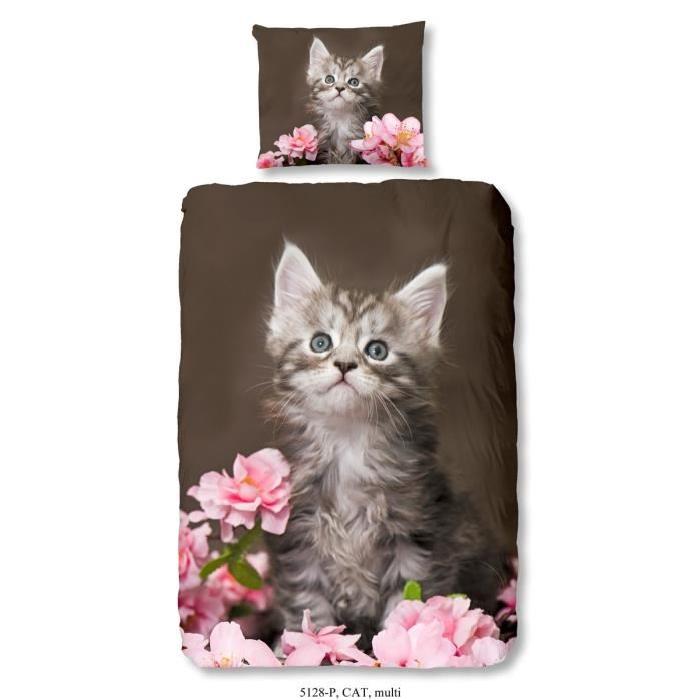 GOOD MORNING Parure de Couette Chat 100% coton - 1 housse de couette 140x200 cm + 1 taie d'oreiller 60x70 cm marron, rose et