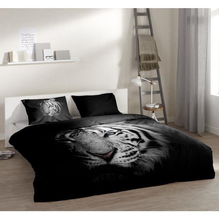 PURE Parure de couette Tigre 100% microfibre - 1 housse de couette 140x200 cm + 1 taie d'oreiller 60x70 cm noir et beige