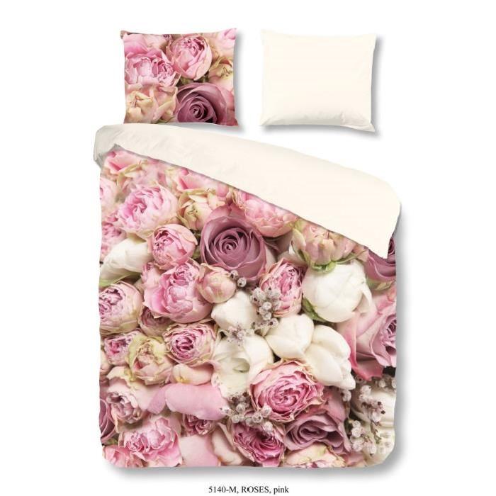 PURE Parure de couette Roses 100% microfibre - 1 housse de couette 140x200 cm + 1 taie d'oreiller 60x70 cm rose