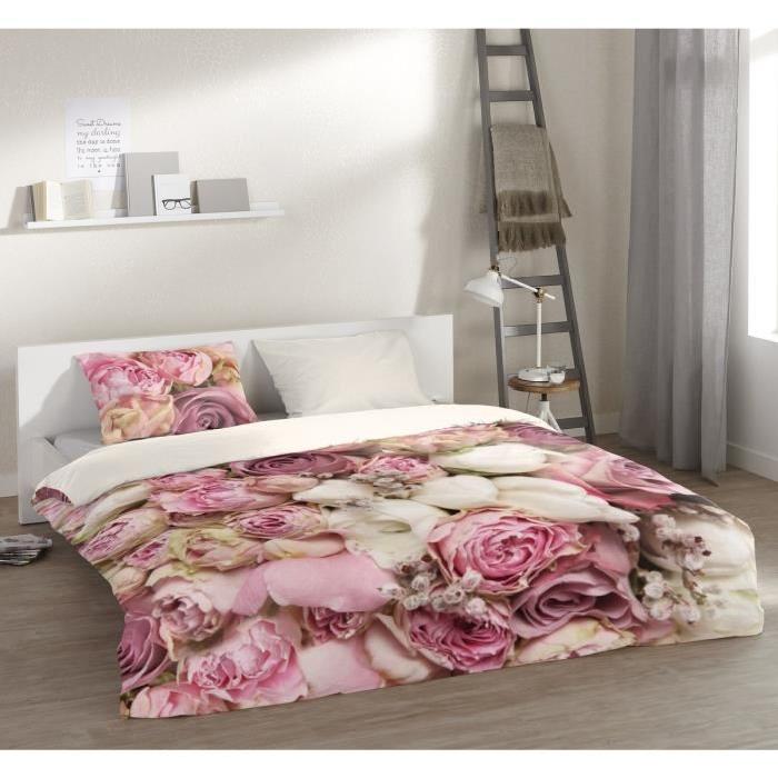 PURE Parure de couette Roses 100% microfibre - 1 housse de couette 140x200 cm + 1 taie d'oreiller 60x70 cm rose