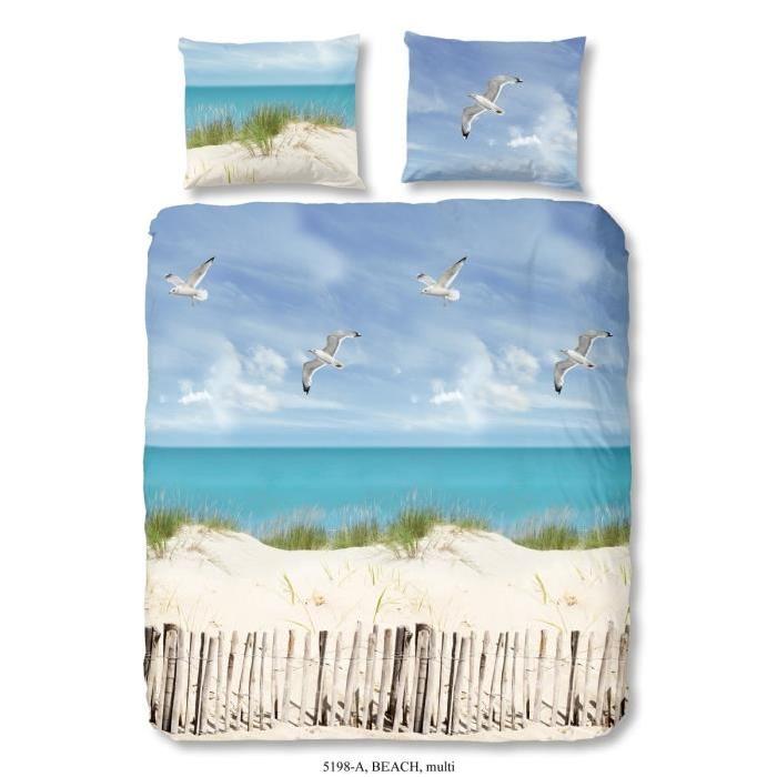 GOOD MORNING Parure de couette Beach 100% coton - 1 housse de couette 200x200 cm + 2 taies d'oreillers 60x70 cm bleu