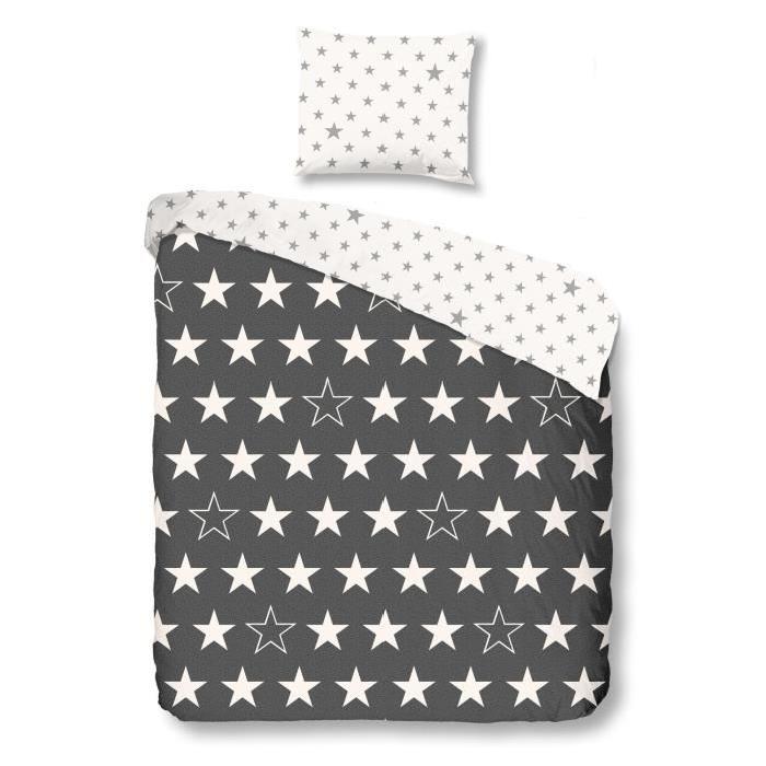 GOOD MORNING  Parure de couette Stars - 1 housse de couette 140x200 cm + 1 taie 60x70 cm anthracite et blanc