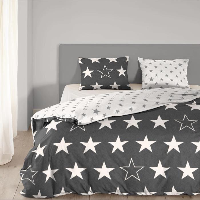 GOOD MORNING  Parure de couette Stars - 1 housse de couette 140x200 cm + 1 taie 60x70 cm anthracite et blanc