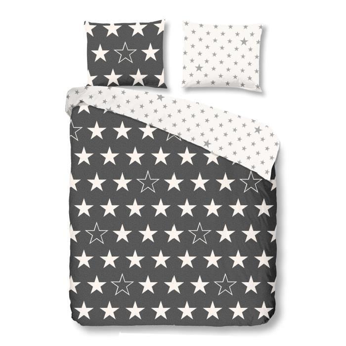 GOOD MORNING  Parure de couette Stars - 1 housse de couette 200x200 cm + 2 taies 60x70 cm anthracite et blanc