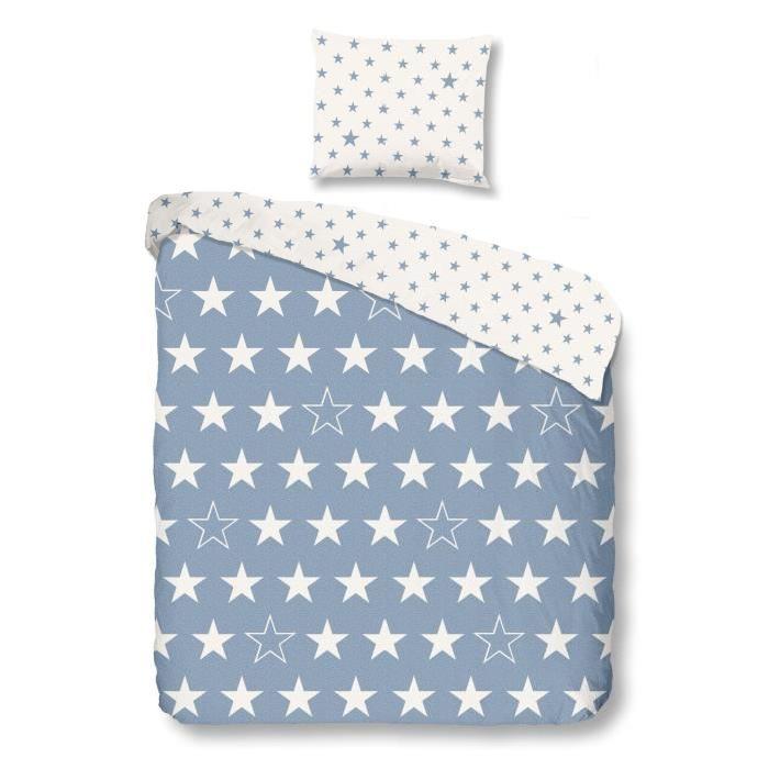 GOOD MORNING  Parure de couette Stars - 1 housse de couette 140x200 cm + 1 taie 60x70 cm bleu et blanc