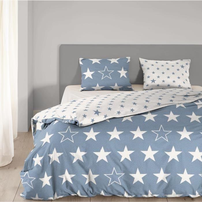 GOOD MORNING  Parure de couette Stars - 1 housse de couette 140x200 cm + 1 taie 60x70 cm bleu et blanc