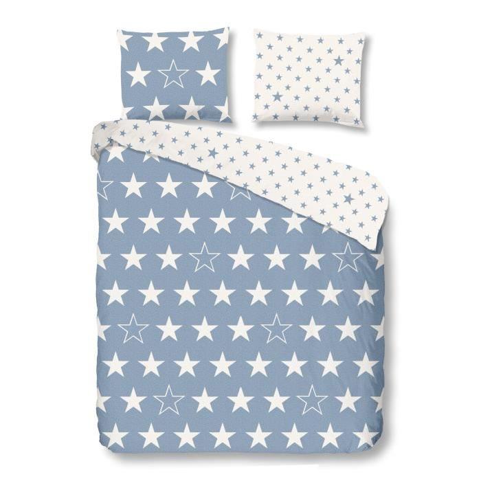 GOOD MORNING  Parure de couette Stars - 1 housse de couette 200x200 cm + 2 taies 60x70 cm bleu et blanc