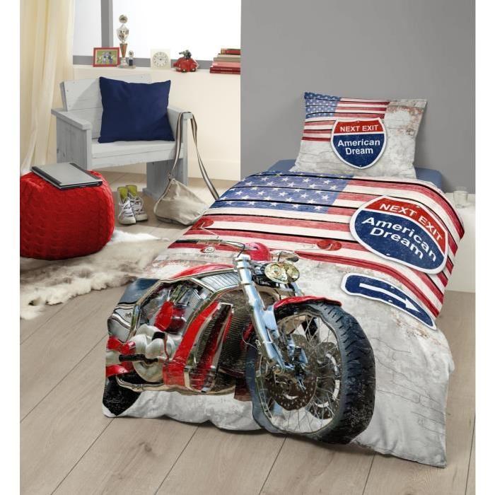 GOOD MORNING Parure de Couette American - 1 housse de couette 140x200 cm + 1 taie 60x70 cm rouge, bleu et blanc