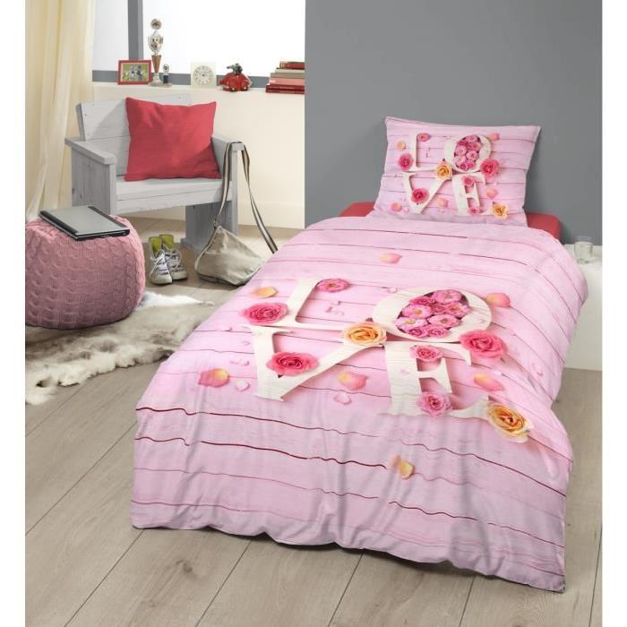 GOOD MORNING Parure de Couette Love - 1 housse de couette 140x200 cm + 1 taie 60x70 cm rose