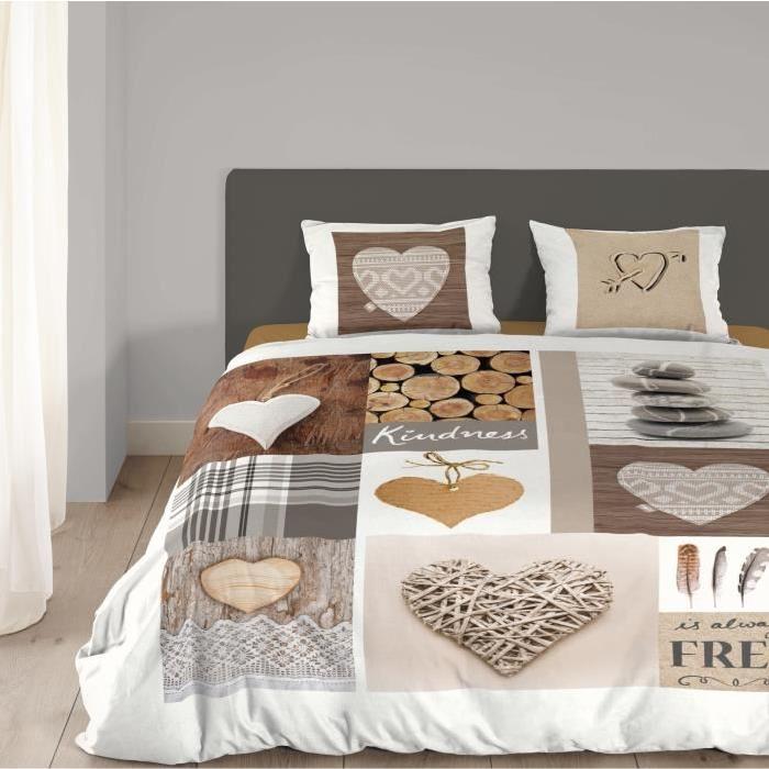 GOOD MORNING  Parure de couette Nature style scandinave - 1 housse de couette 200x200 cm + 2 taies 60x70 cm taupe, gris et