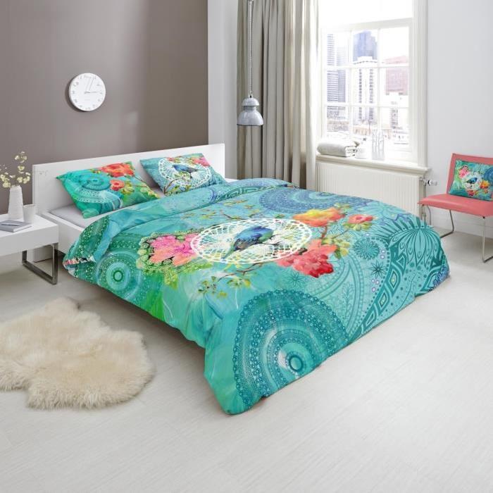 HIP Parure de couette Tessya - 1 housse de couette 140x200 cm + 1 taie 60x70 cm bleu, blanc et vert