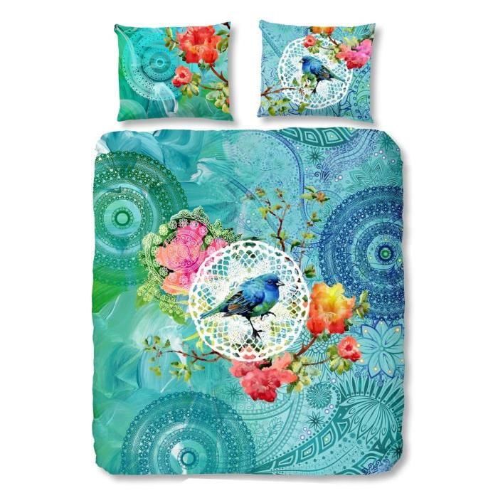 HIP Parure de couette Tessya - 1 housse de couette 200x200 cm + 2 taies 60x70 cm bleu, blanc et vert