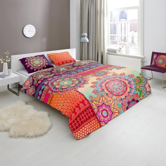 HIP Parure de couette Sherhia - 1 housse de couette 220x240 cm + 2 taies 60x70 cm orange, bleu et violet