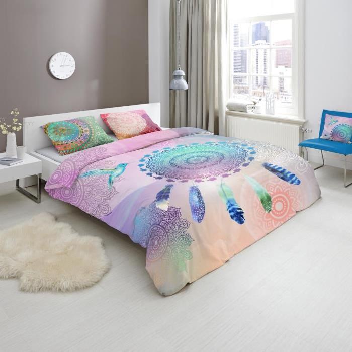 HIP Parure de couette Sima - 1 housse de couette 200x200 cm + 2 taies 60x70 cm violet, bleu et rose