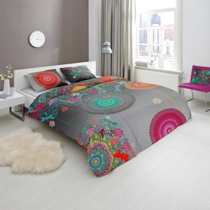 HIP Parure de couette Freya - 1 housse de couette 200x200 cm + 2 taies 60x70 cm gris, bleu et rose