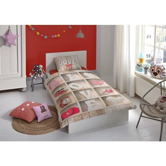 GOOD MORNING  Parure de couette Love style scandinave - 1 housse de couette 140x200 cm + 1 taie 60x70 cm beige, rouge et blanc