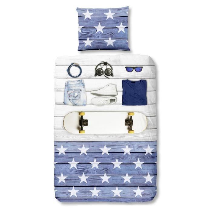 GOOD MORNING Parure de Couette Boys Room - 1 housse de couette 140x200 cm + 1 taie 60x70 cm bleu, blanc et noir