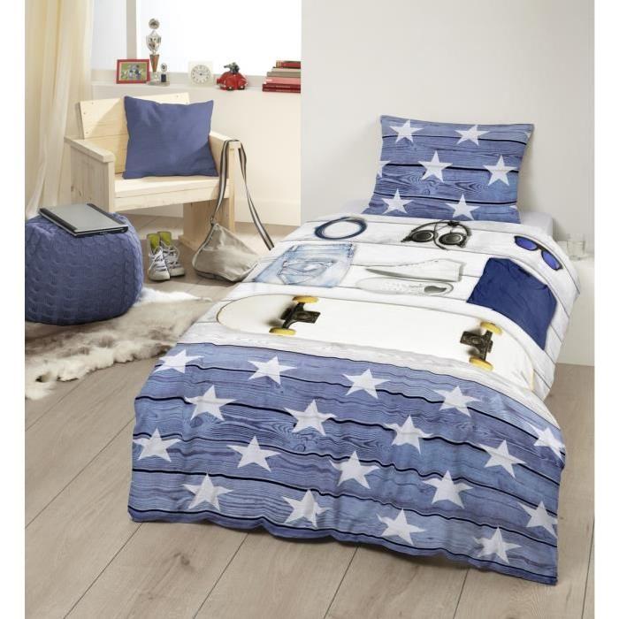 GOOD MORNING Parure de Couette Boys Room - 1 housse de couette 140x200 cm + 1 taie 60x70 cm bleu, blanc et noir