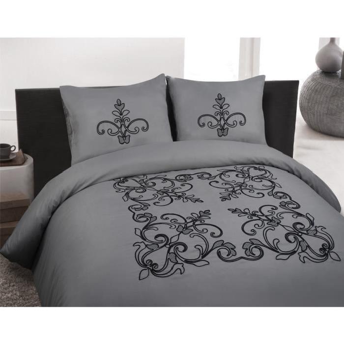 PURE Parure de couette Joséphine - 1 housse de couette 220x240 cm + 2 taies d'oreiller 60x70 cm gris et noir