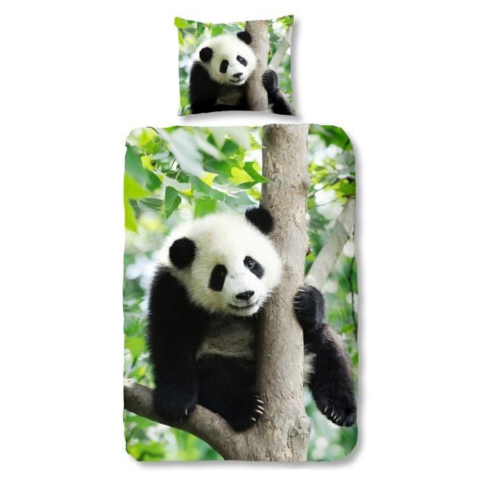 GOOD MORNING Parure de Couette Panda - 1 housse de couette 140x200 cm + 1 taie 60x70 cm noir, blanc et vert